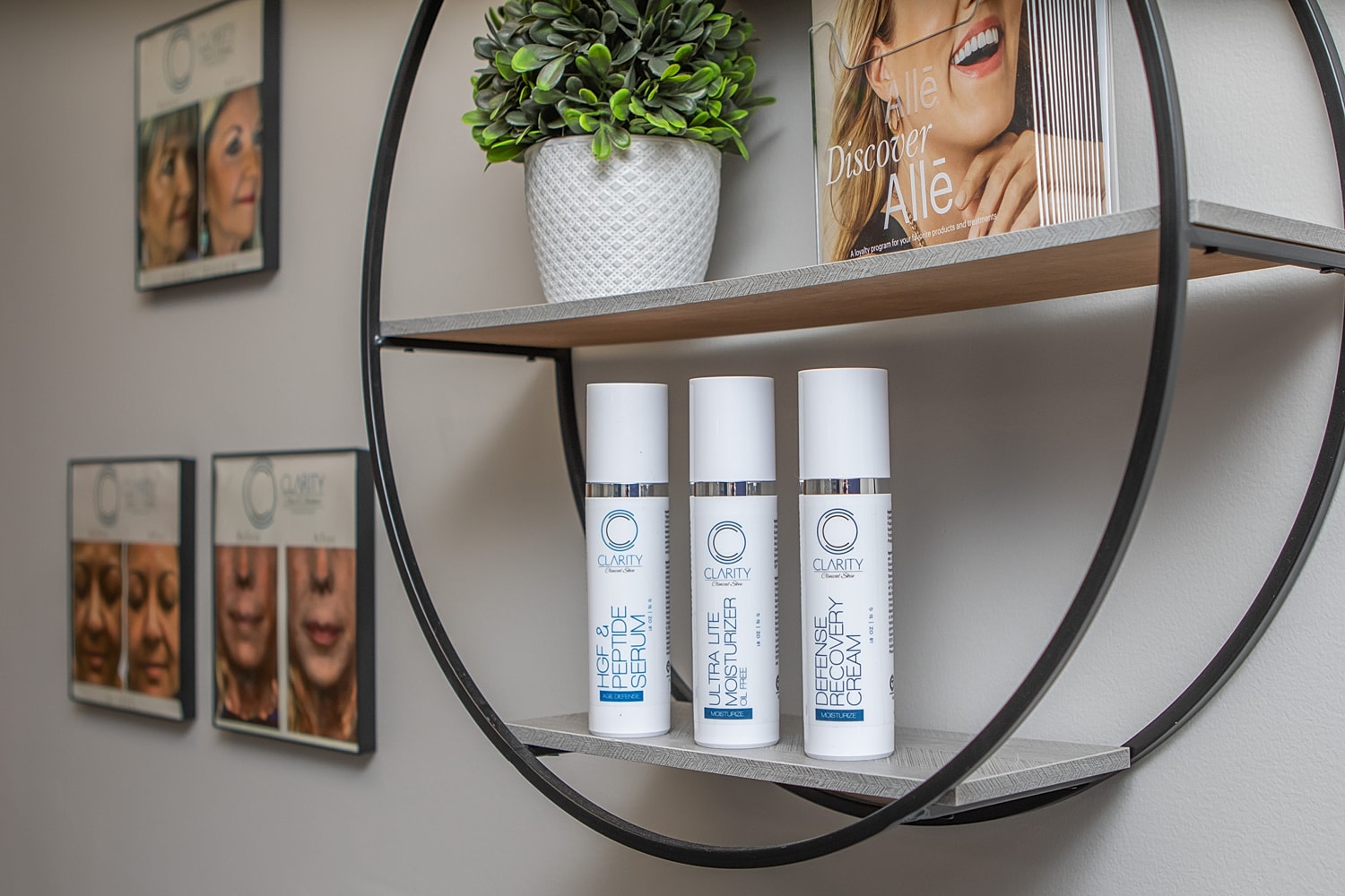 Shelves displaying skincare products and plant decor.