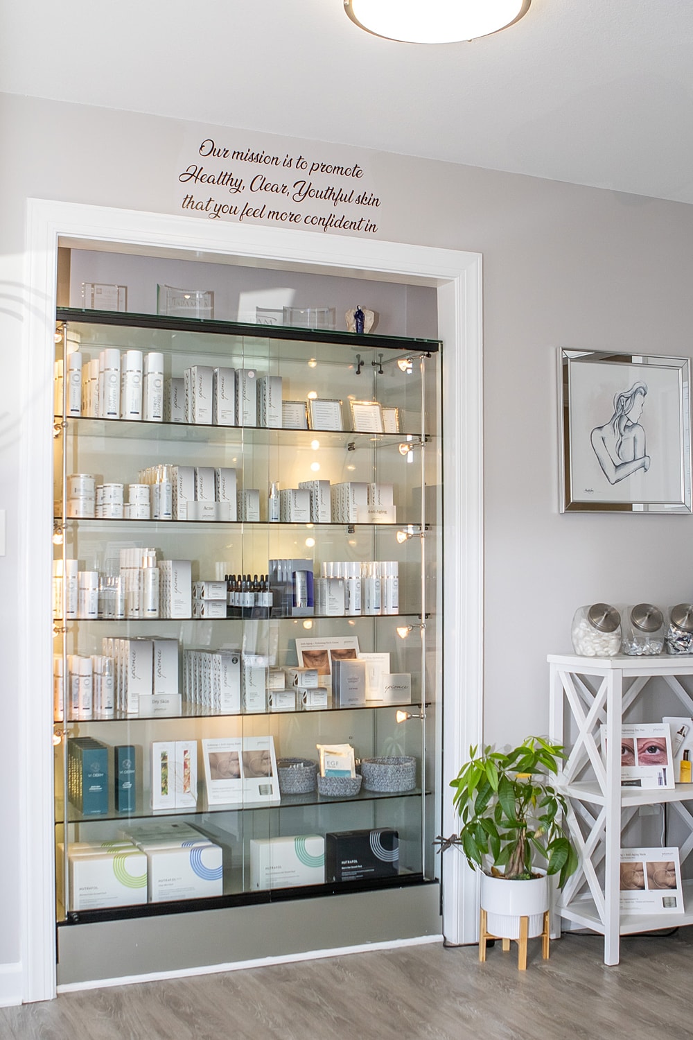 Skincare products displayed in a wellness shop.